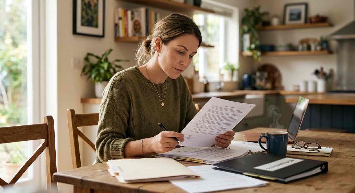 A middle-aged woman sitting at a dining table at home reviewing bills and a notebook with a thoughtful expression, natural window light, realistic photography style