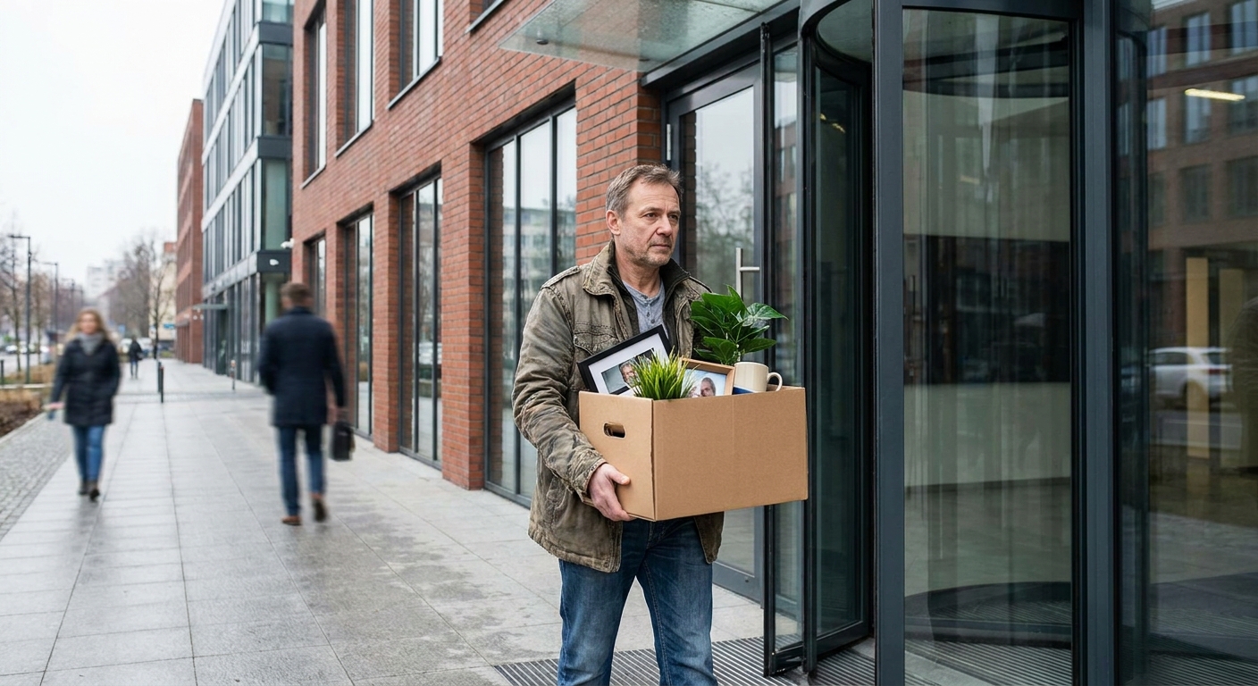 A middle-aged worker walking out of an office building holding a cardboard box with personal items, realistic photography
