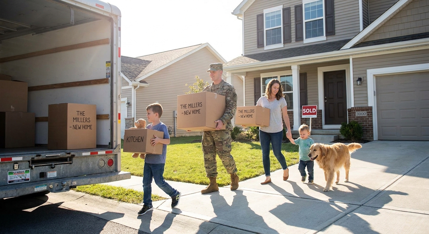 A military family carrying moving boxes into a new house on a sunny day, real-life photo