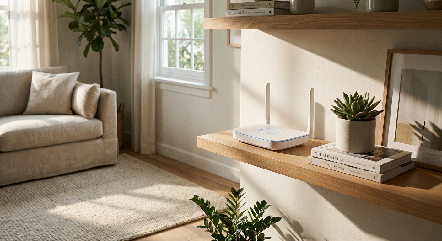 A modern WiFi router on a shelf in a tidy living room, soft natural light, realistic photograph