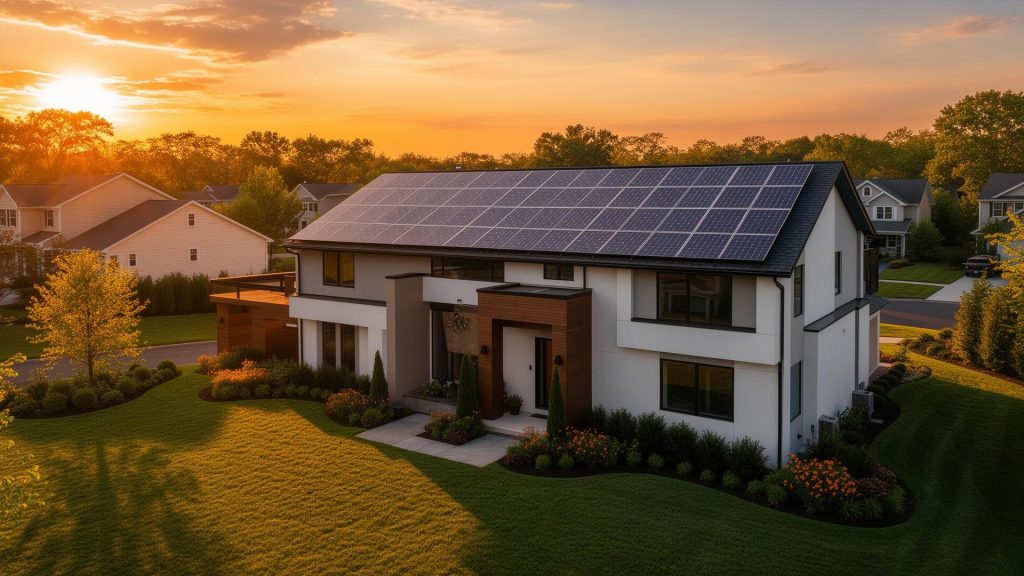 A modern home with solar panels on the roof at sunset, warm light reflecting off the panels, realistic residential photo
