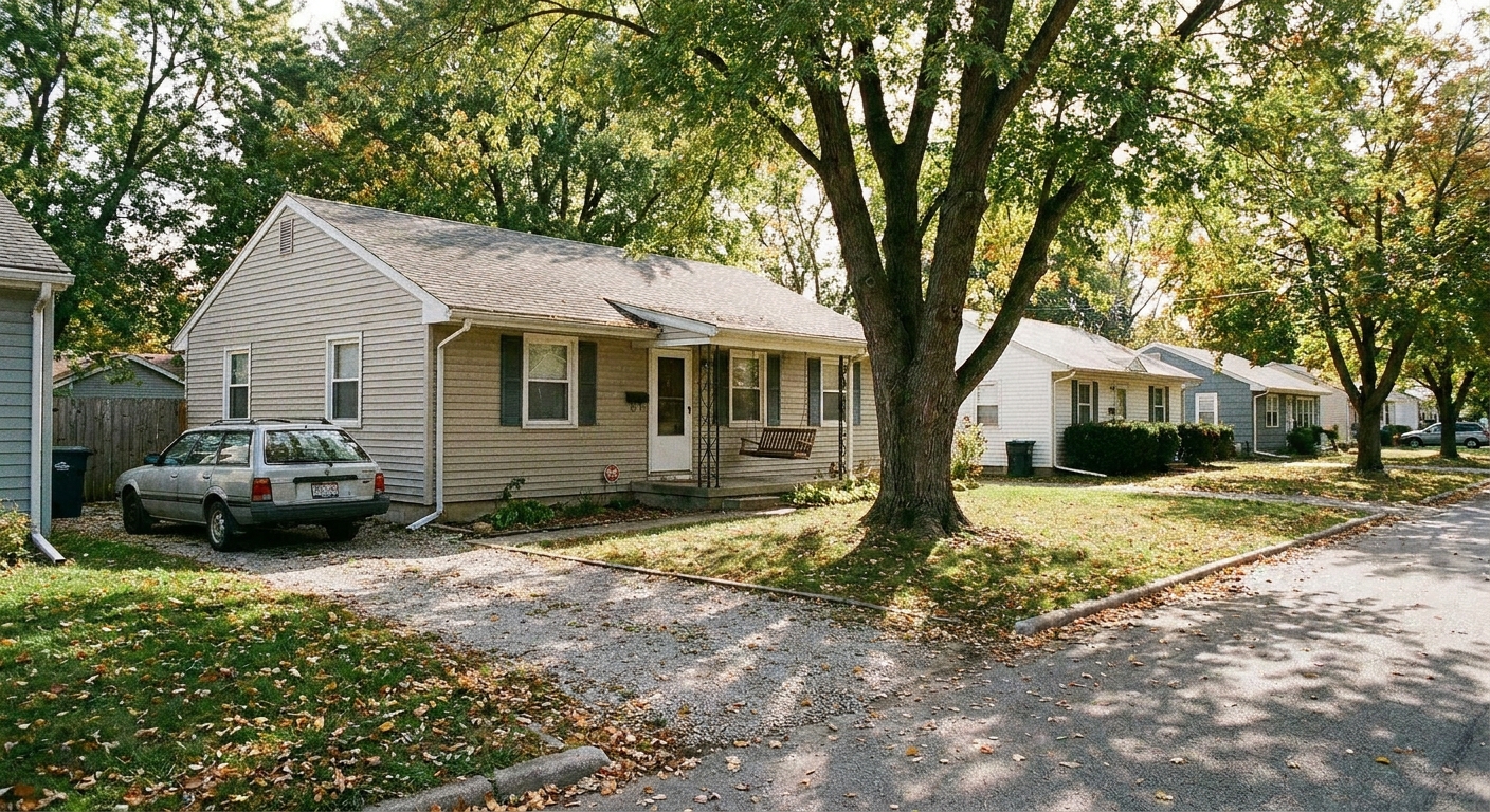 A modest single-family home on a quiet suburban street with a small yard and driveway, realistic real estate photo