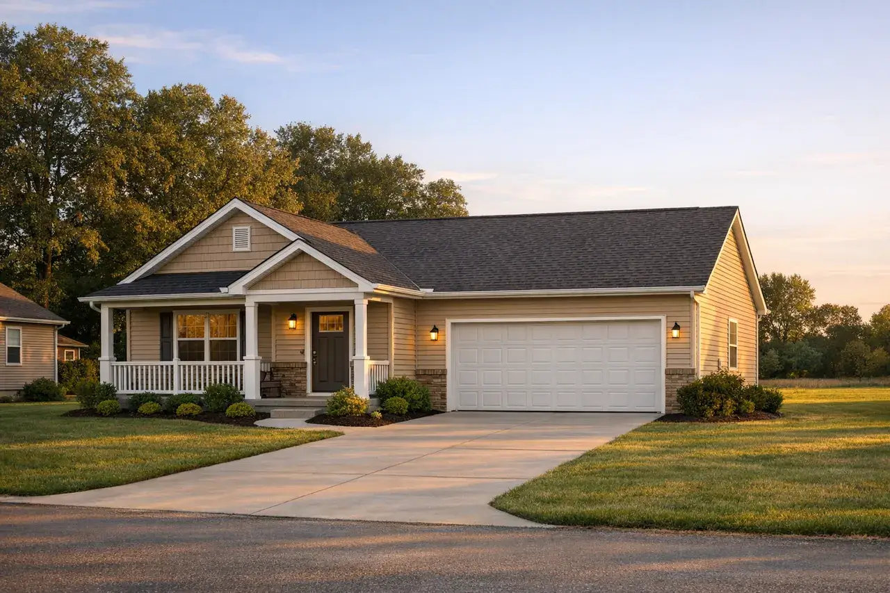 A modest single-family home with a front porch on a quiet residential street in a small U.S. town, springtime, real photography style