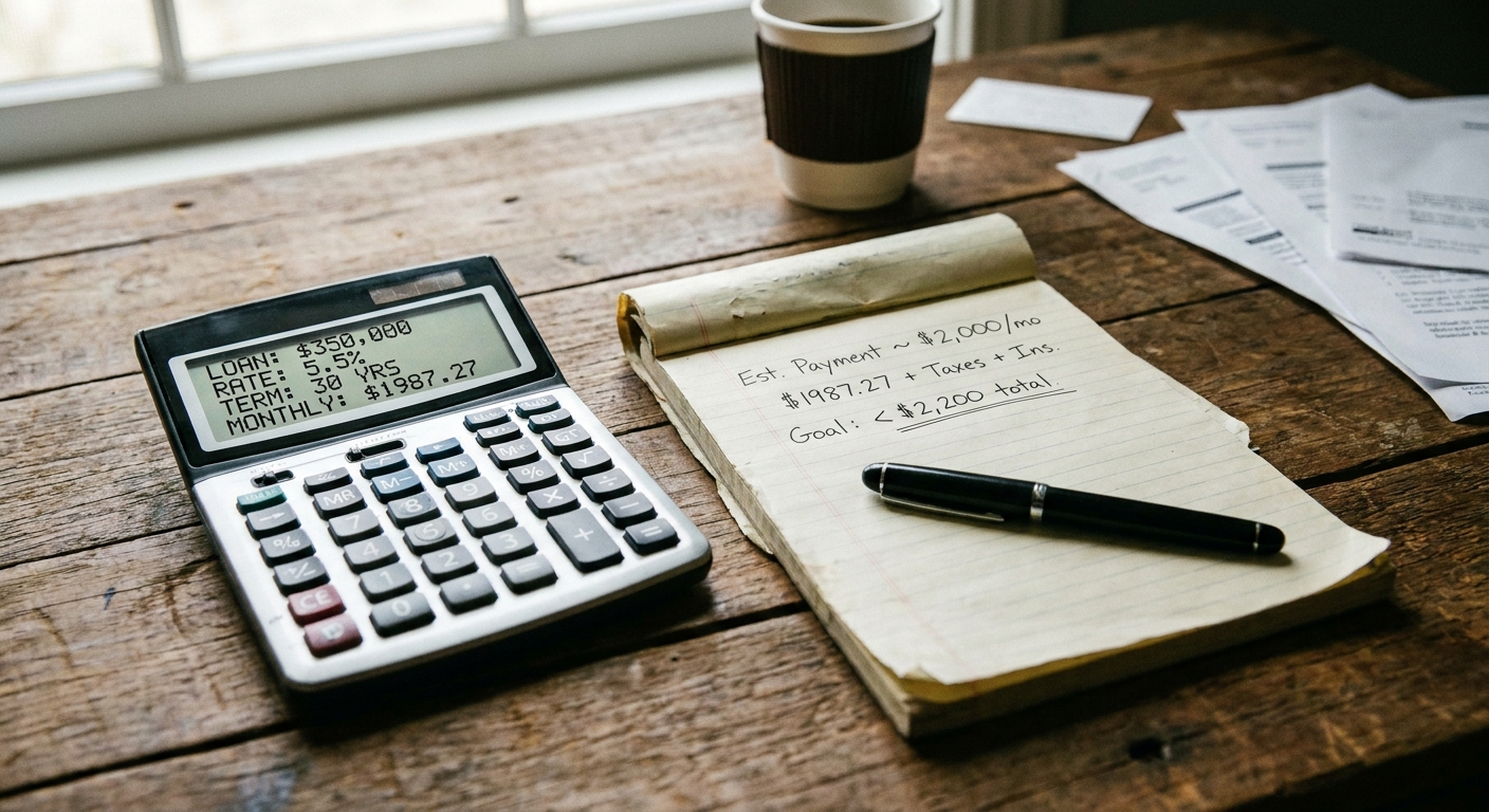 A mortgage calculator next to a notepad with handwritten payment estimates and a capped pen