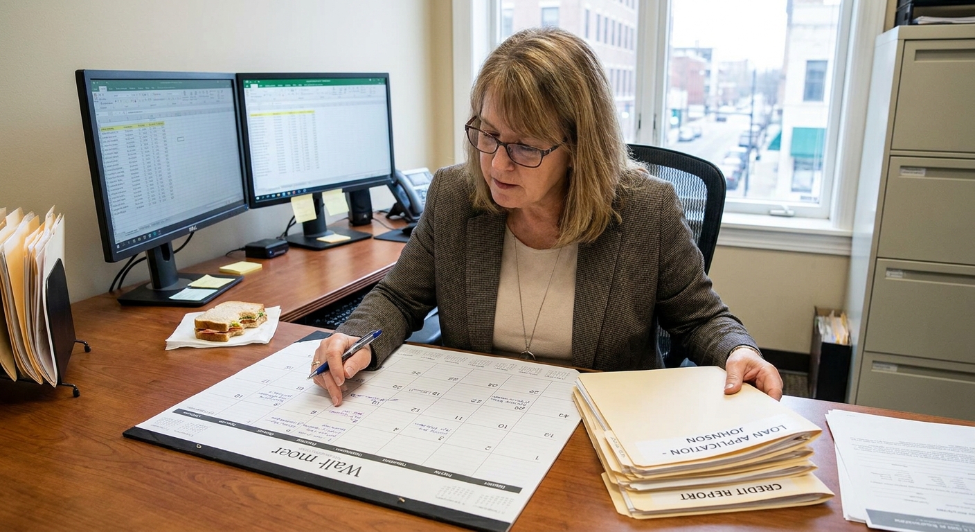 A mortgage loan officer at a desk looking at a paper calendar and loan file documents, real photo