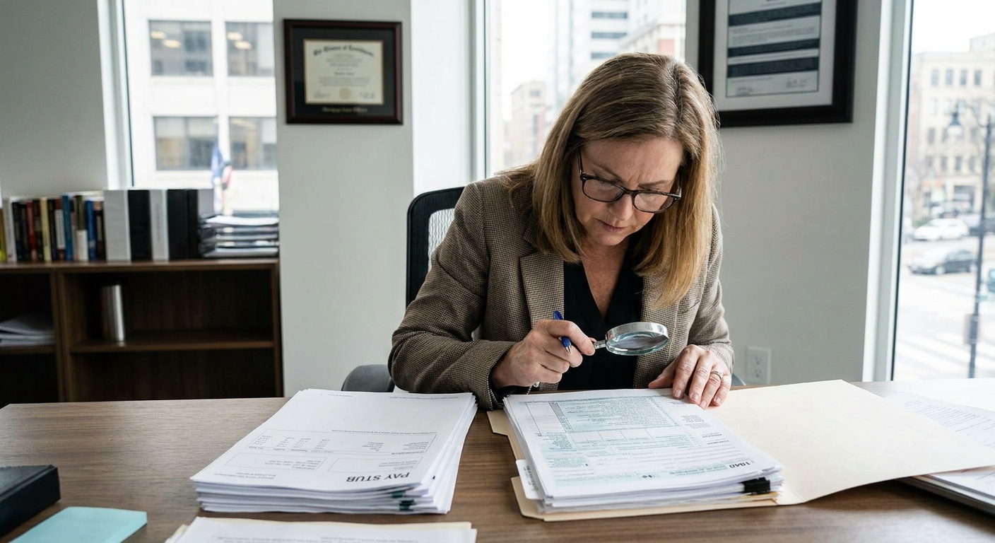 A mortgage loan officer at a desk reviewing a borrower’s pay stubs and tax documents in a professional office setting, realistic photography