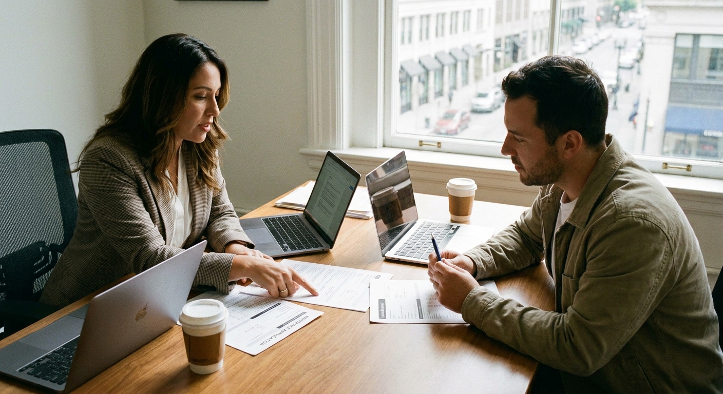 A mortgage loan officer meeting with a homeowner at an office desk while reviewing refinance paperwork, realistic professional photography