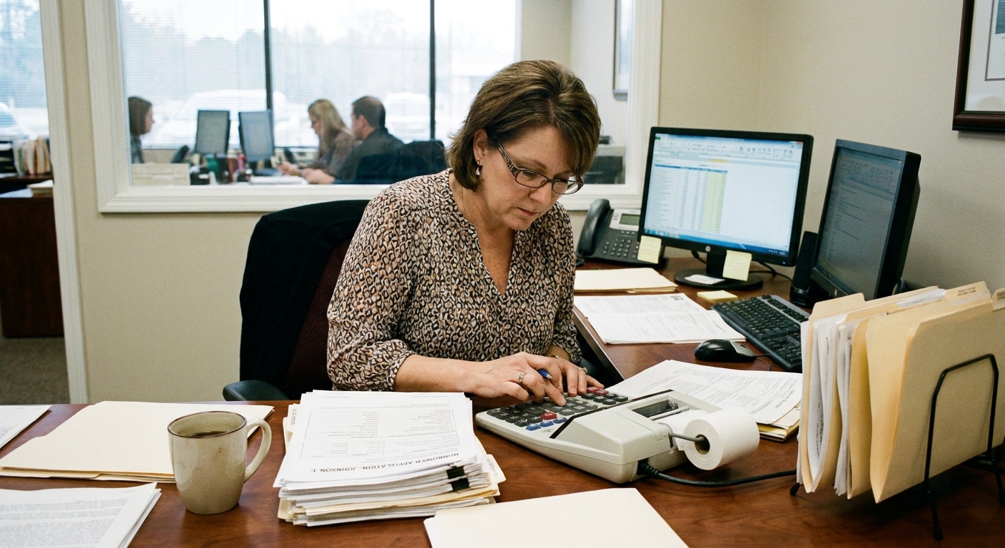 A mortgage loan officer reviewing a borrower application file on a desk with a calculator and documents, candid office photo