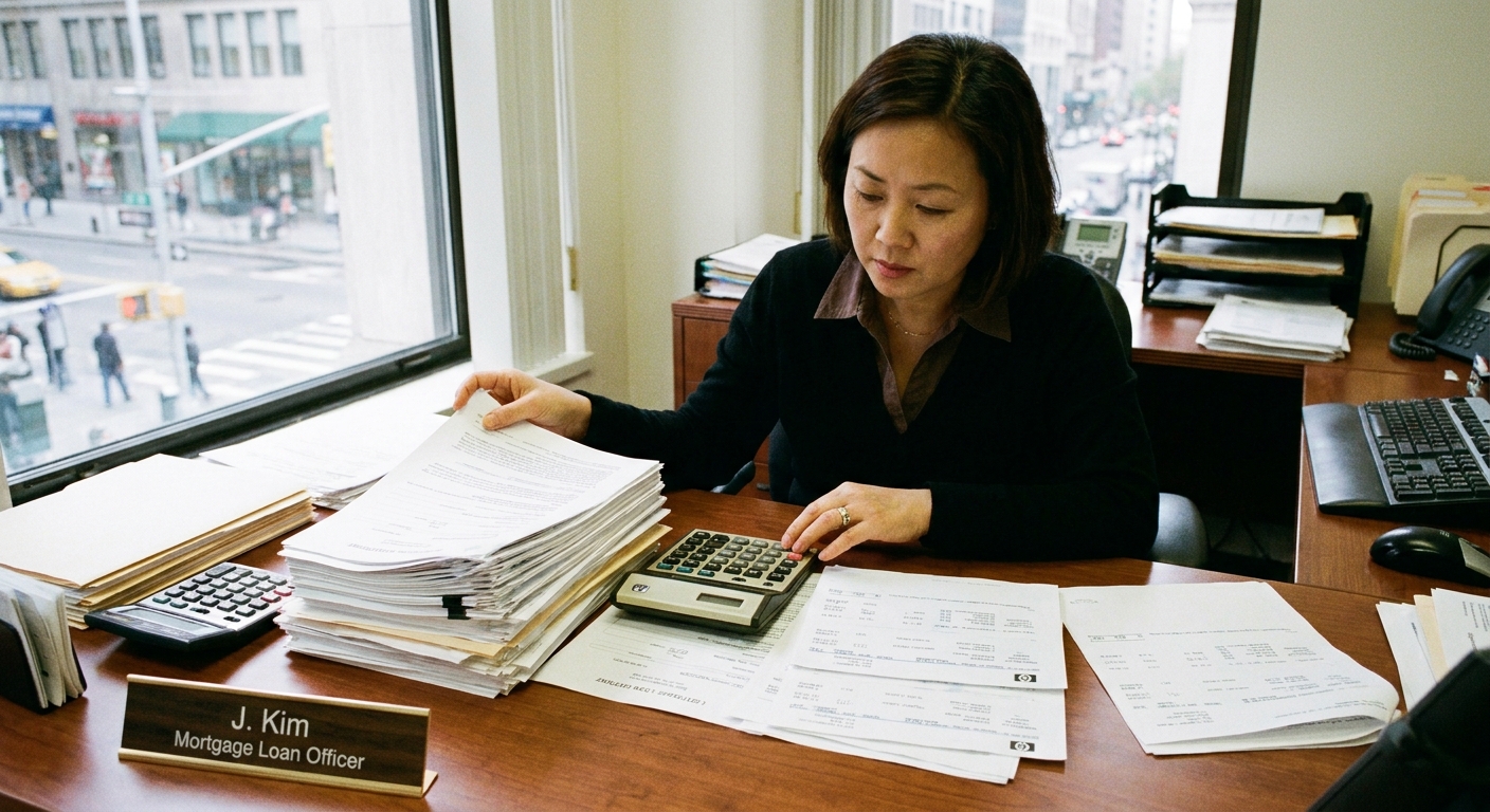 A mortgage loan officer reviewing a stack of loan documents with a calculator and pay stubs on a desk in a bright office, realistic photography