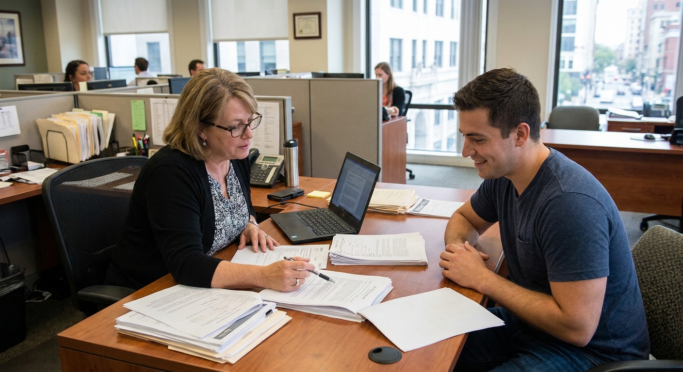 A mortgage loan officer sitting at a desk reviewing documents with a homebuyer in an office setting, real-life photo