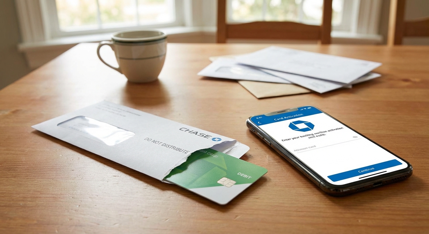 A new debit card partially visible inside an opened bank envelope on a kitchen table next to a phone showing a banking app, real photo
