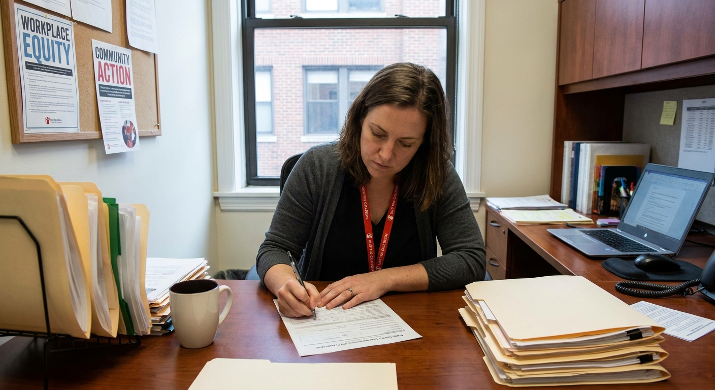 A nonprofit employee sitting at a desk in a small office filling out a federal student loan forgiveness form with a pen, realistic workplace photo