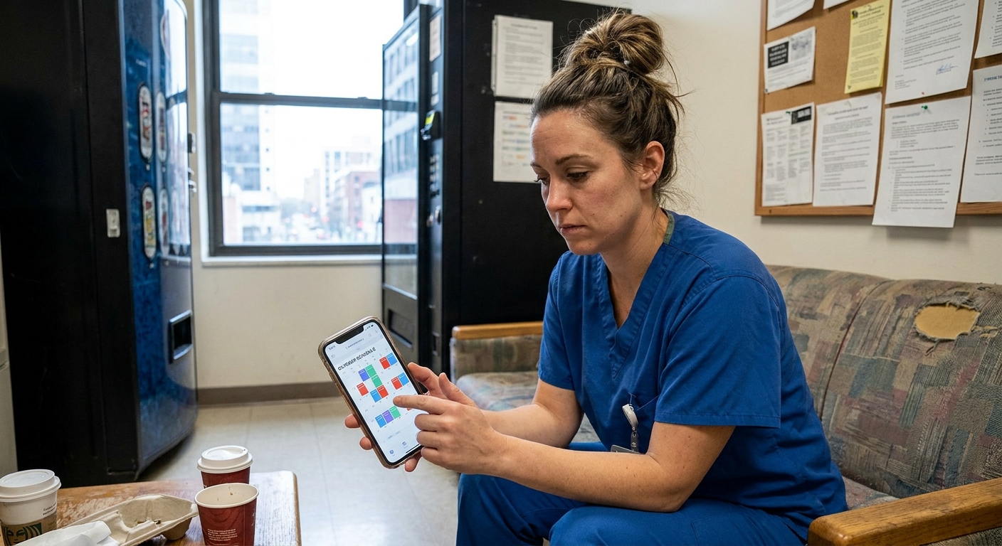 A nurse in scrubs looking at a monthly work schedule on a phone while sitting in a hospital break room, realistic photograph