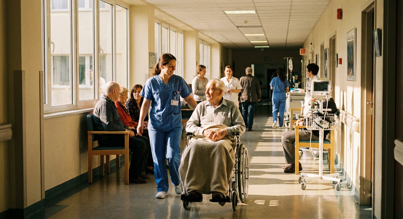 A nurse pushing a patient in a wheelchair down a hospital hallway, natural lighting, real photo