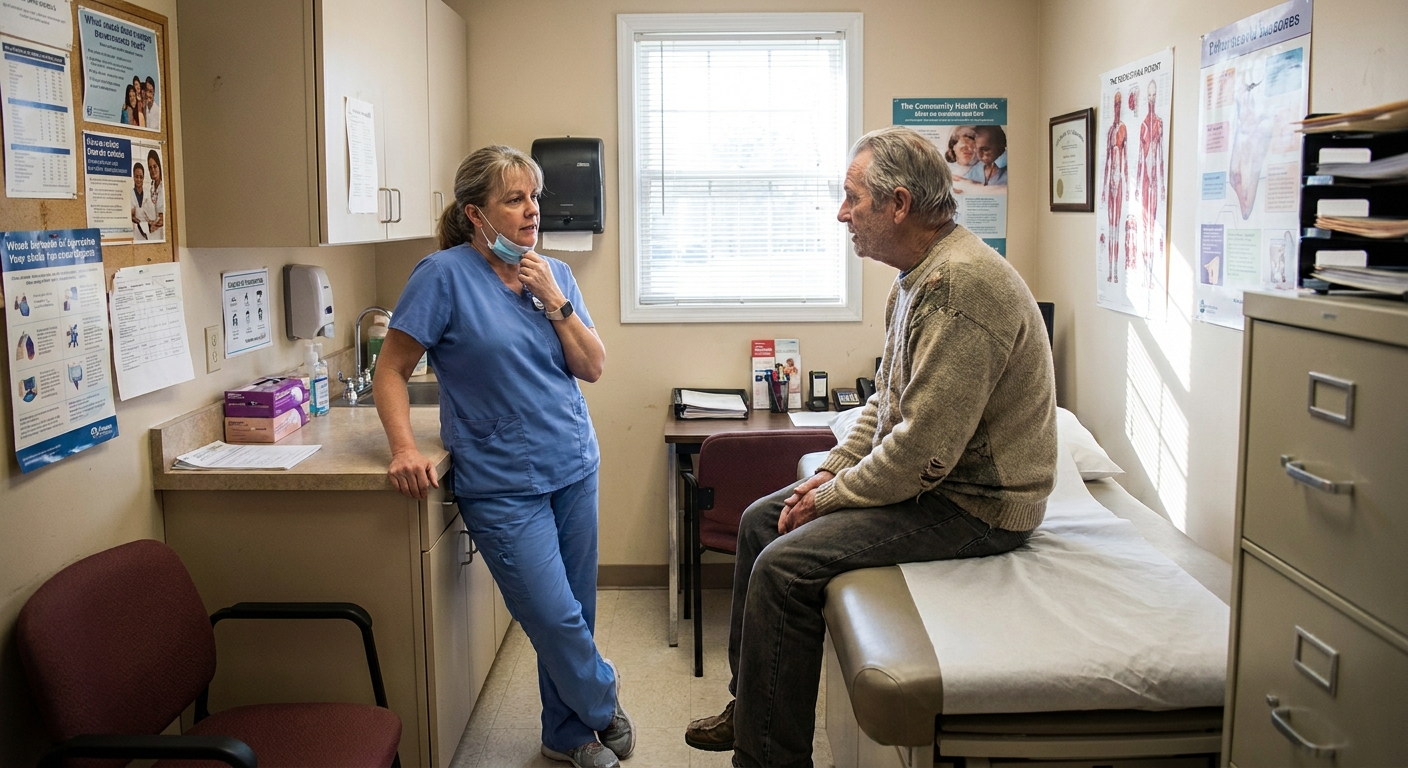A nurse speaking with a patient in a small community health clinic exam room, realistic documentary photo