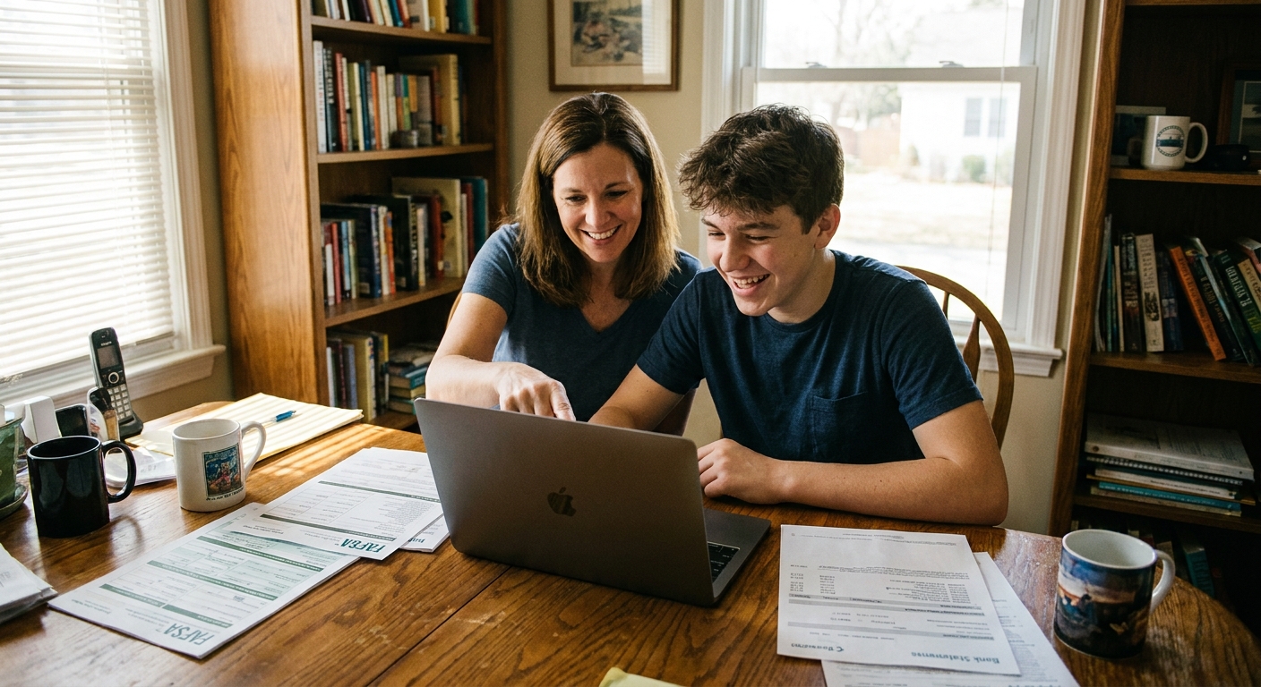 A parent and a high school student sitting at a desk using a laptop with financial documents spread out nearby, candid indoor photo