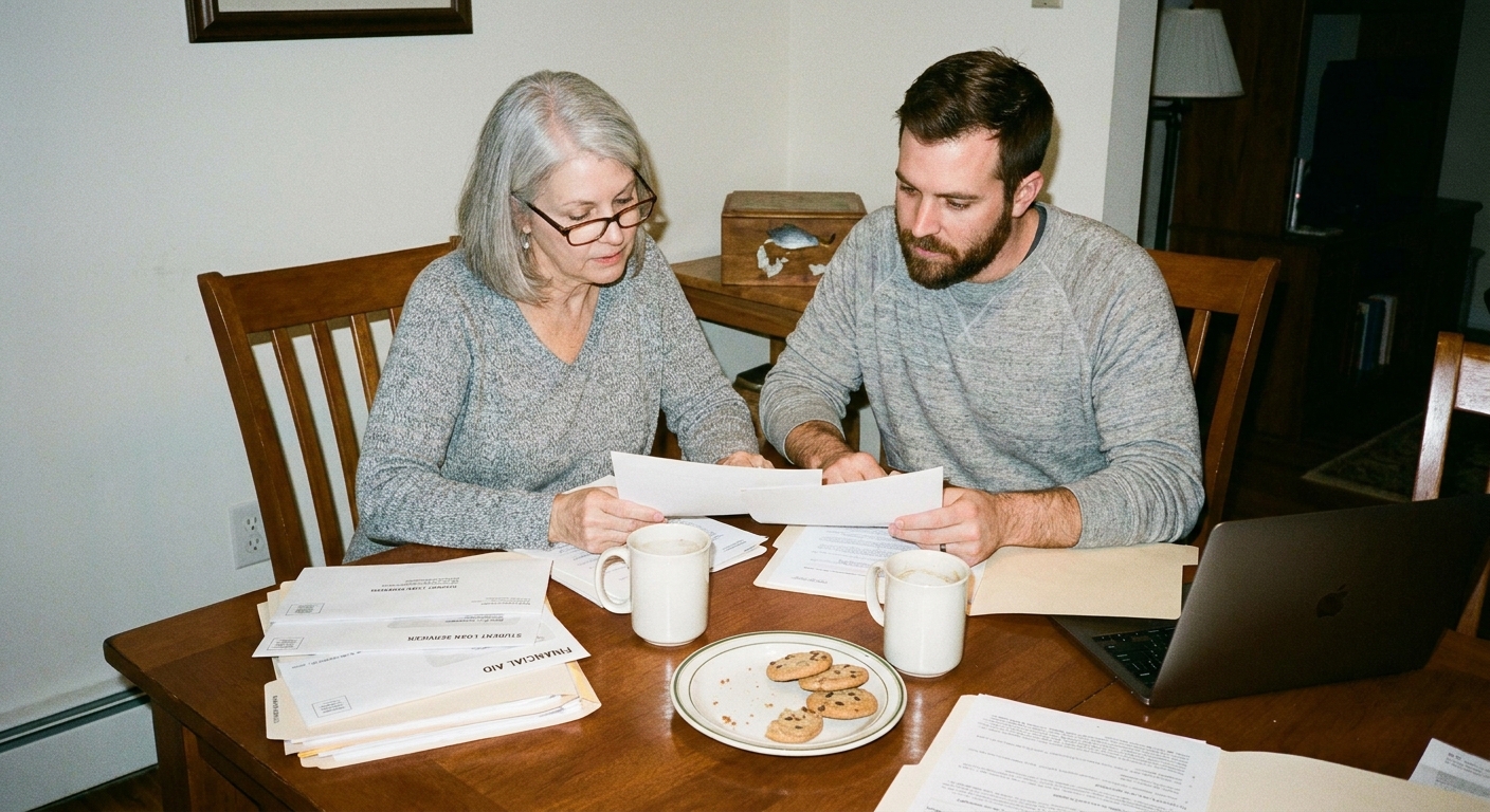 A parent and adult child sitting at a dining table reviewing student loan documents together, candid family photo