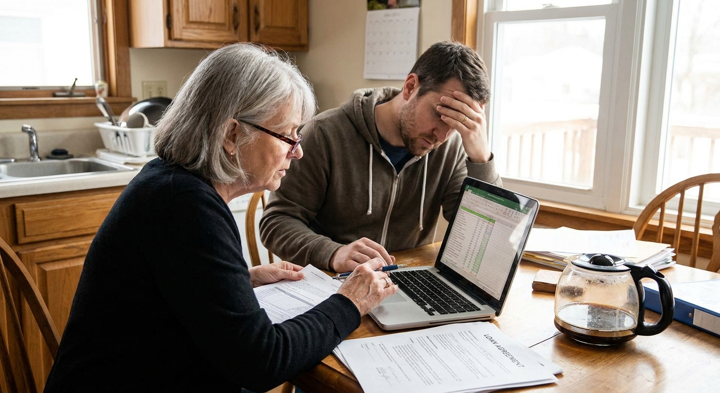 A parent and adult child sitting at a kitchen table reviewing loan paperwork and a laptop, real-life candid photo