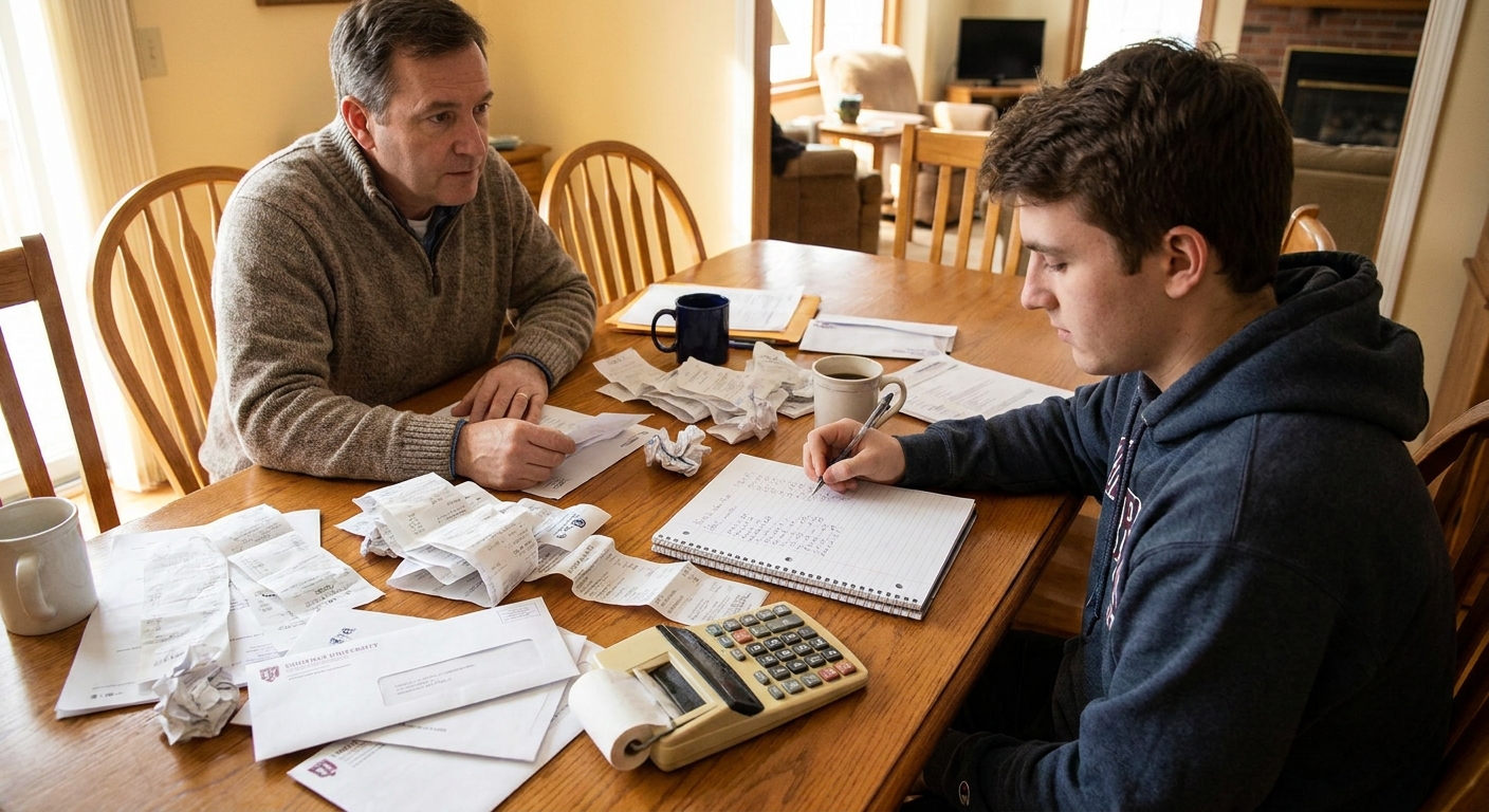 A parent and college student sorting receipts and school bills on a dining table with a notebook and calculator, realistic photography