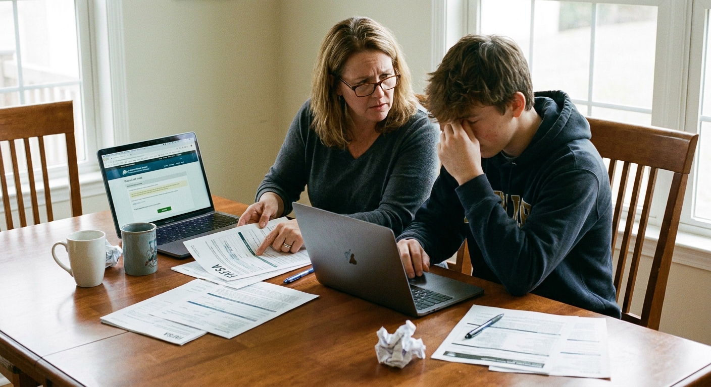 A parent and teenager sitting at a dining table reviewing financial aid papers together with a laptop open, candid realistic photograph