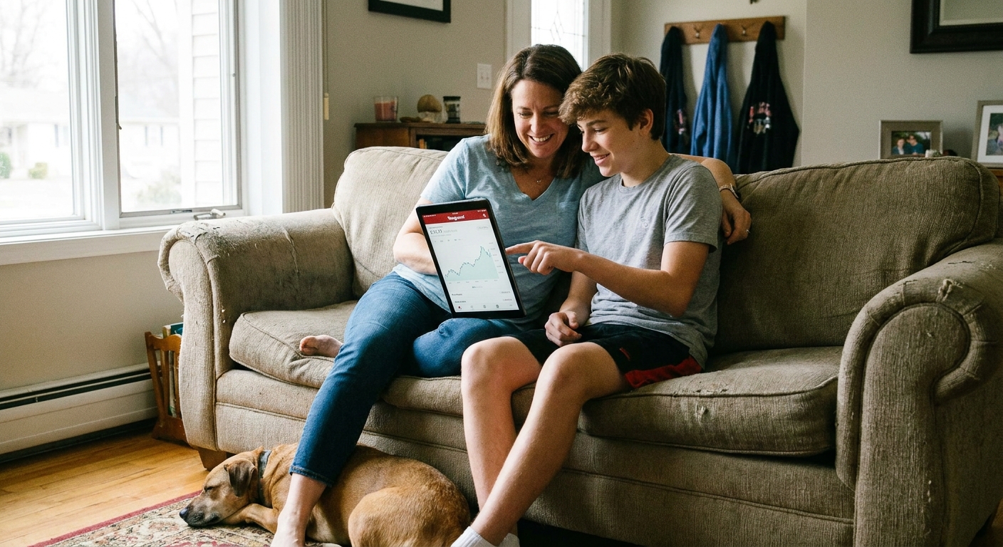 A parent and teenager sitting on a couch looking at a tablet showing a brokerage app, candid realistic photograph