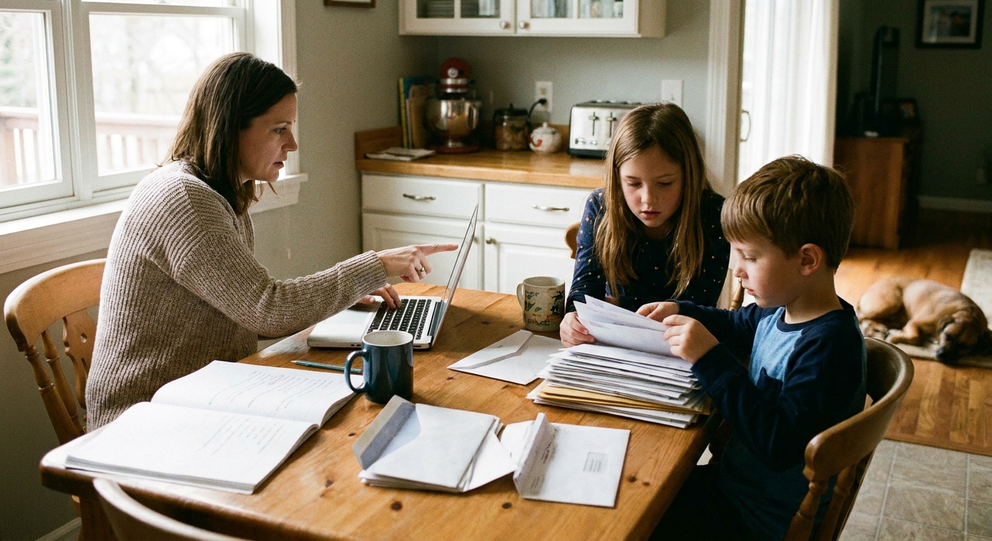 A parent and two school-age kids sitting at a kitchen table with a laptop and a stack of mail, realistic home photo