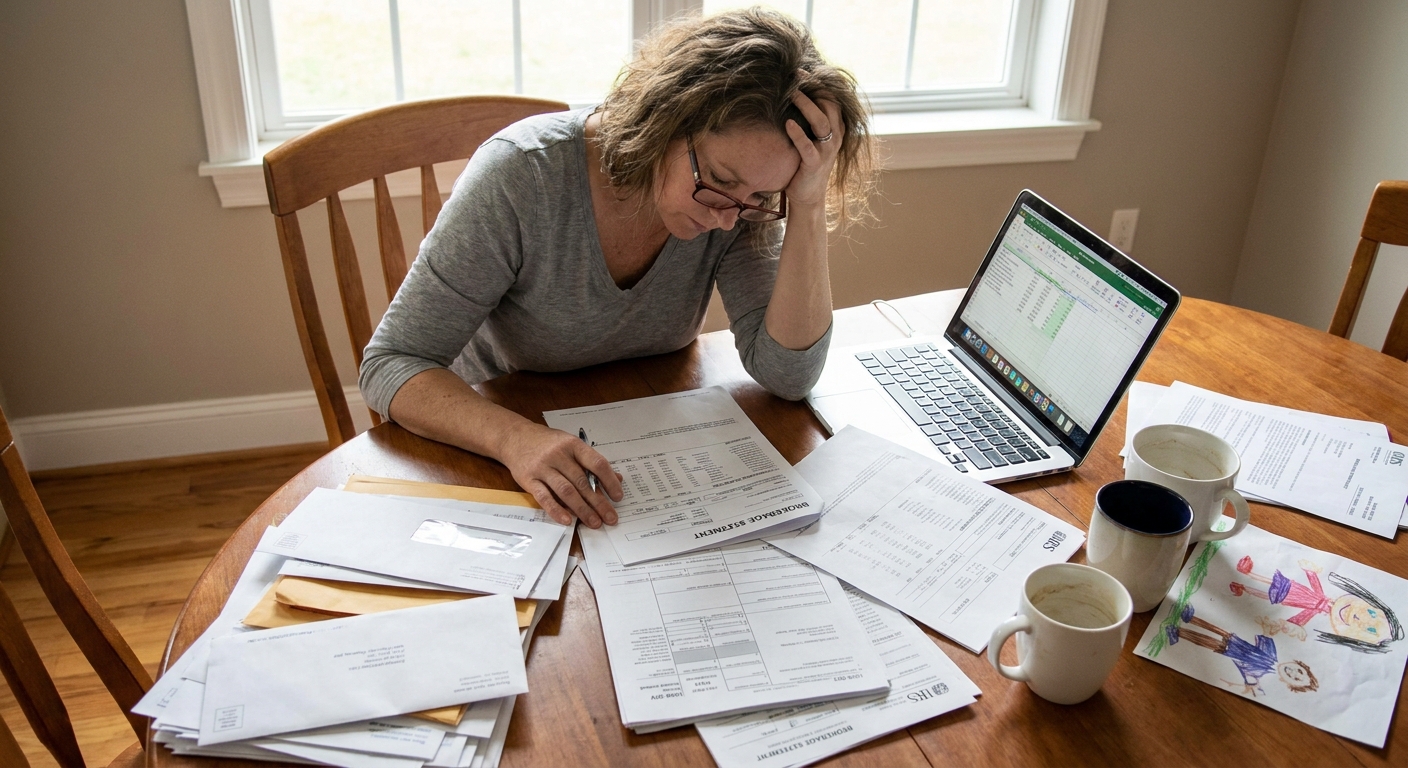 A parent at a dining table sorting brokerage statements and tax documents with a laptop open, real-life photo