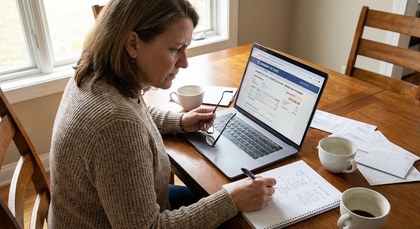 A parent sitting at a dining room table reviewing a college tuition bill on a laptop with a notebook and pen nearby, realistic photo