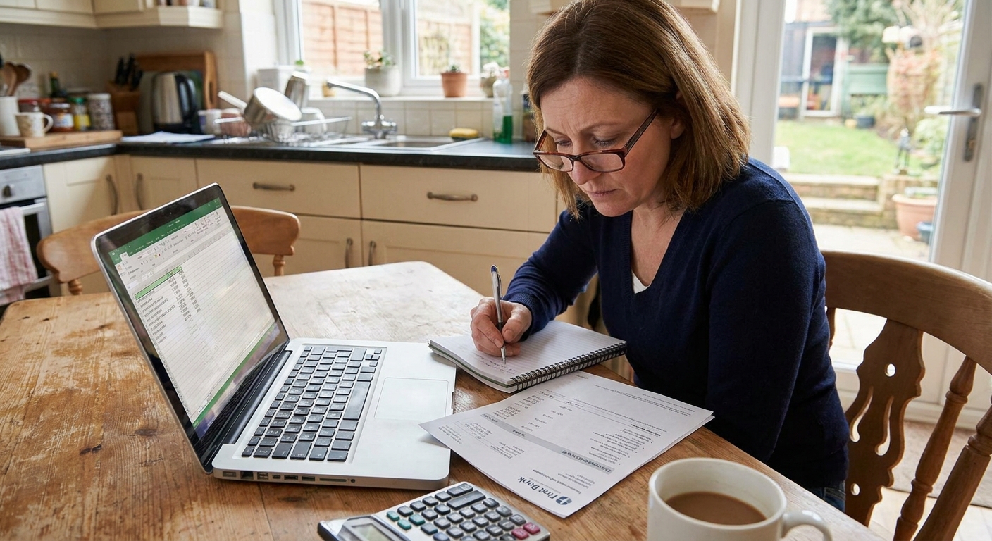 A parent sitting at a kitchen table adding numbers in a notebook next to a laptop and a savings account statement, realistic indoor photograph