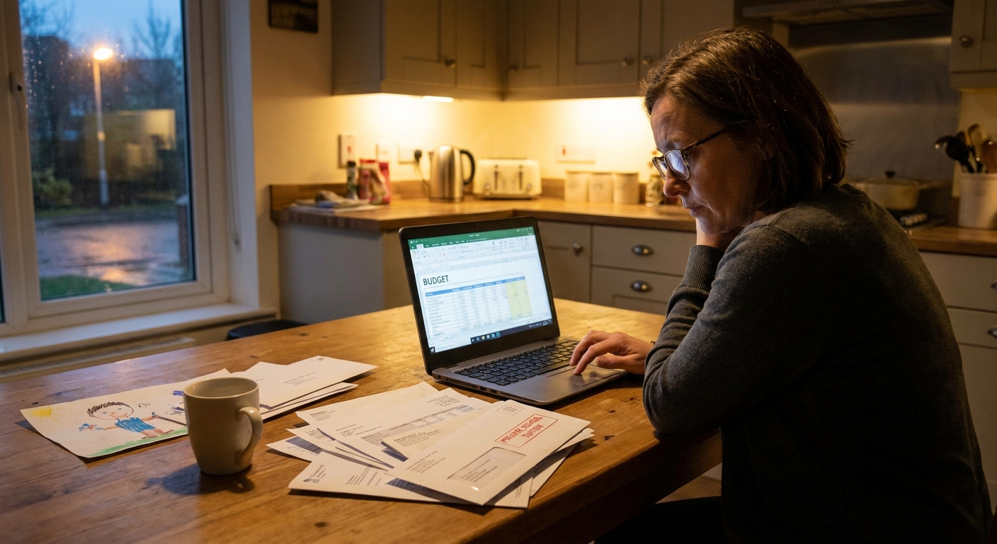 A parent sitting at a kitchen table in the evening reviewing private school tuition bills and a laptop budget spreadsheet, realistic documentary photo