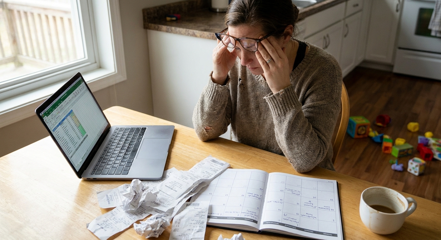 A parent sitting at a kitchen table reviewing childcare receipts and a calendar while a laptop is open nearby, natural indoor light