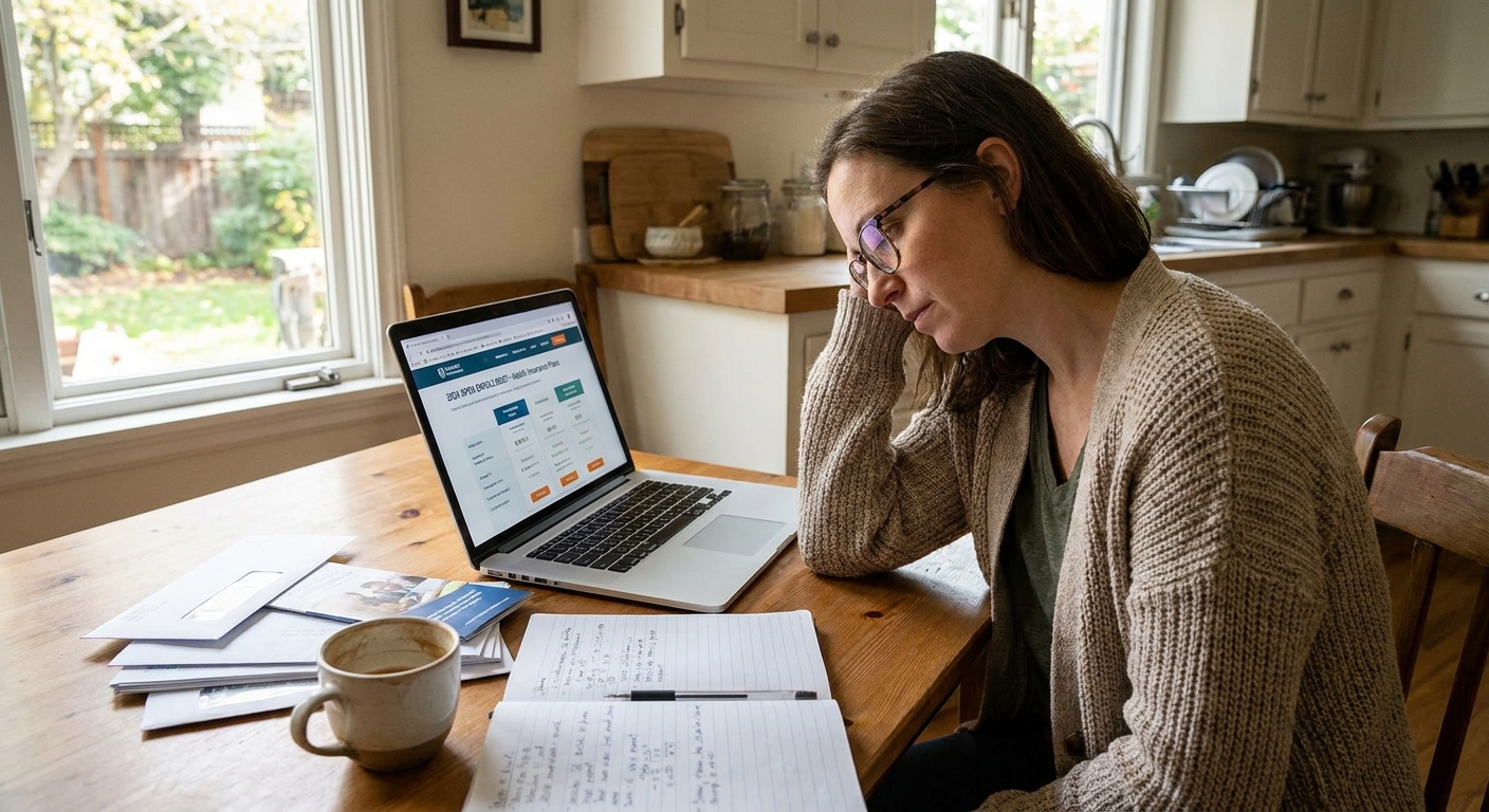 A parent sitting at a kitchen table using a laptop to review health insurance options during 2026 open enrollment, with papers and a coffee mug nearby, natural window light, realistic photography