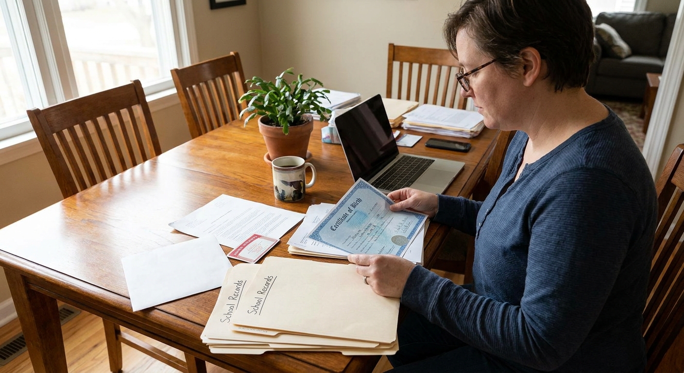 A parent sorting a child’s birth certificate, Social Security card, and school records on a dining table, realistic home photo