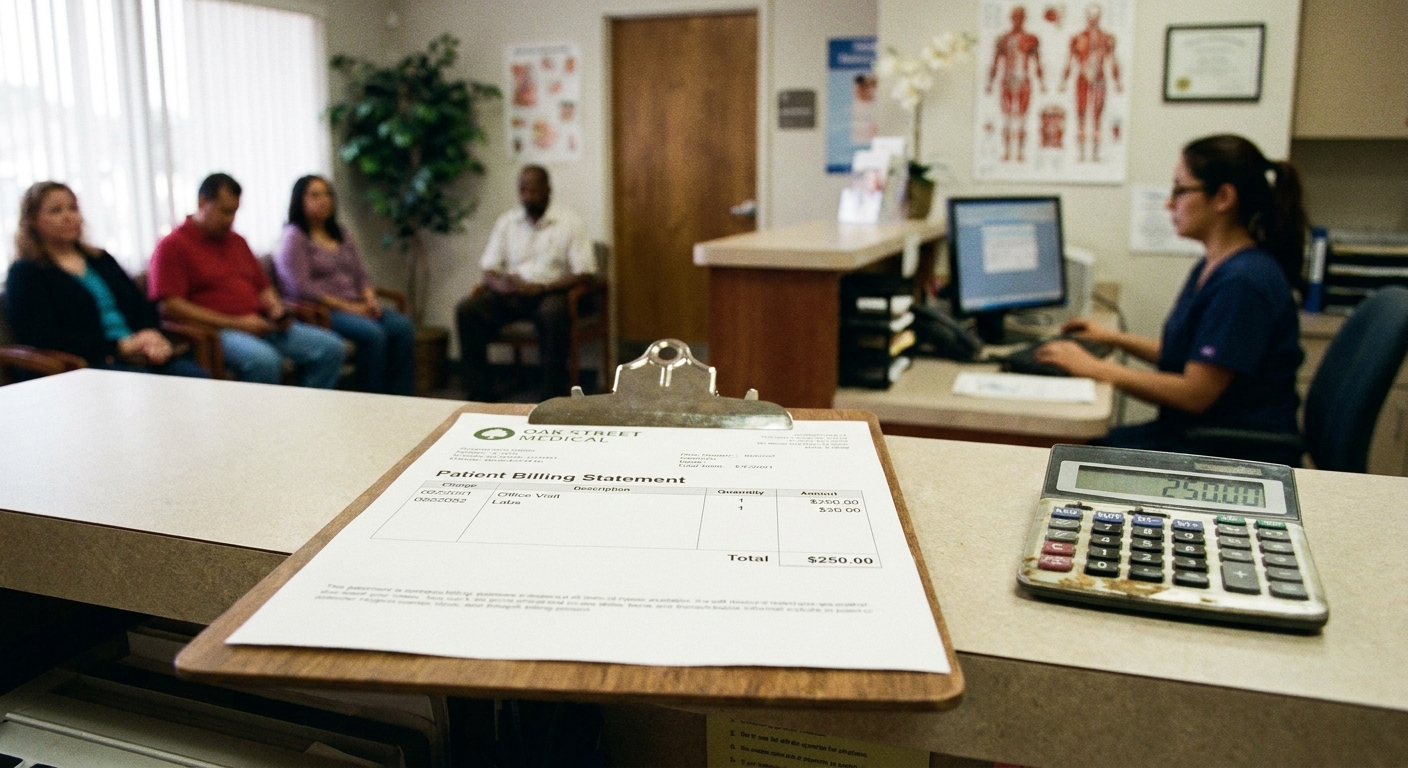 A patient billing statement on a clipboard in a medical office reception area with a calculator placed beside it