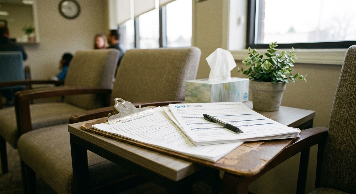 A patient clipboard and insurance papers on a small table in a medical office waiting room, with chairs blurred in the background