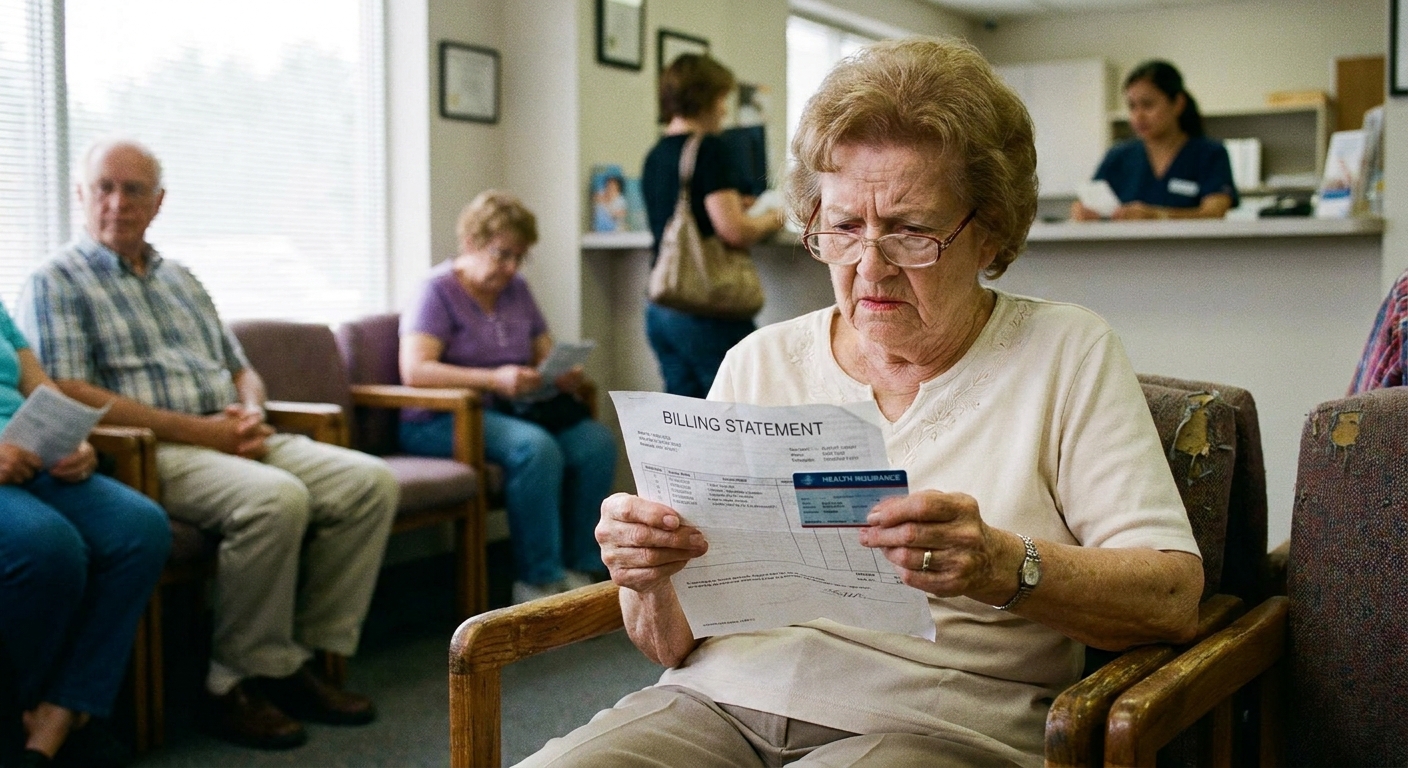 A patient in a medical office reception area looking at a billing statement and insurance card, candid realistic photography