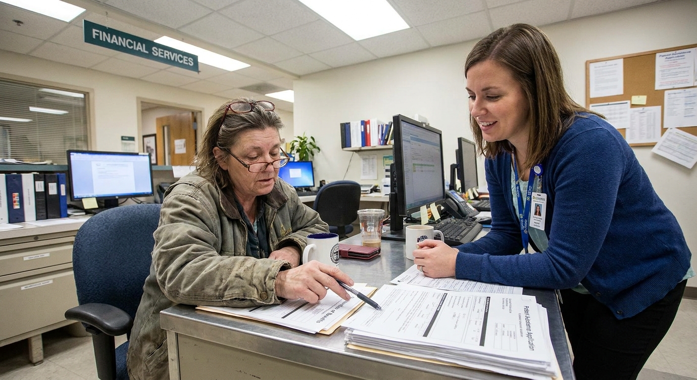A patient sitting at a hospital billing office desk reviewing medical bills and assistance paperwork with a staff member, candid real-life photo