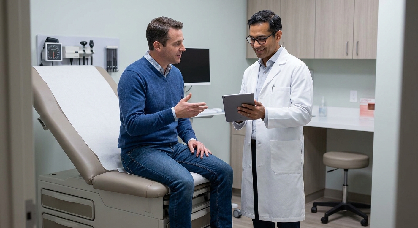 A patient sitting on an exam table talking with a doctor holding a tablet in a medical exam room, realistic photo