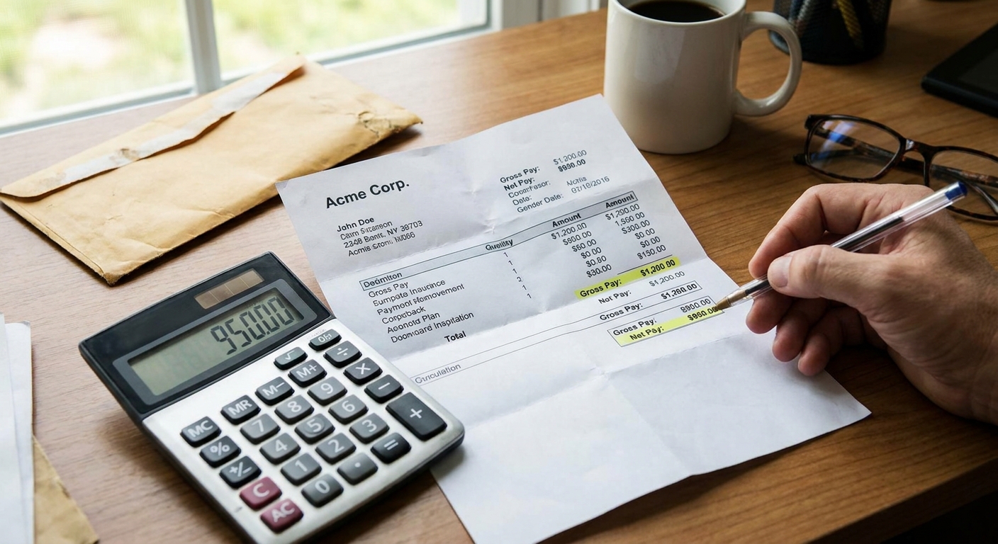 A pay stub on a desk next to a basic calculator and a pen, suggesting someone reviewing earnings