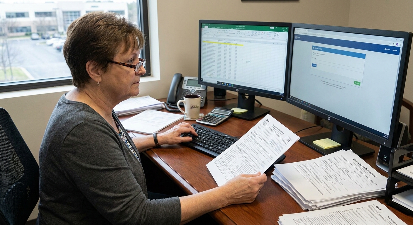 A payroll administrator reviewing employee withholding documents at an office desk with a computer monitor and paper forms, realistic photo