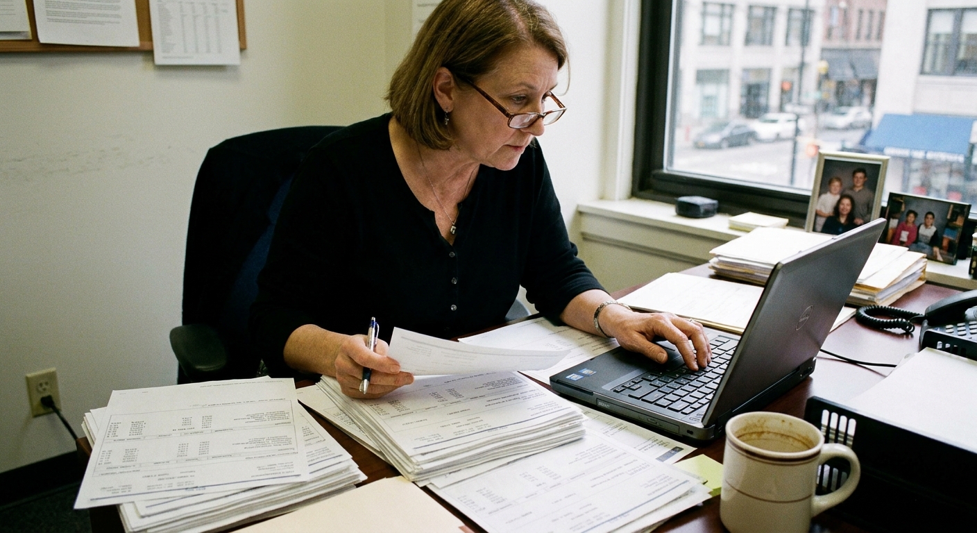 A payroll manager reviewing printed paycheck records and typing on a laptop at an office desk, documentary-style photo