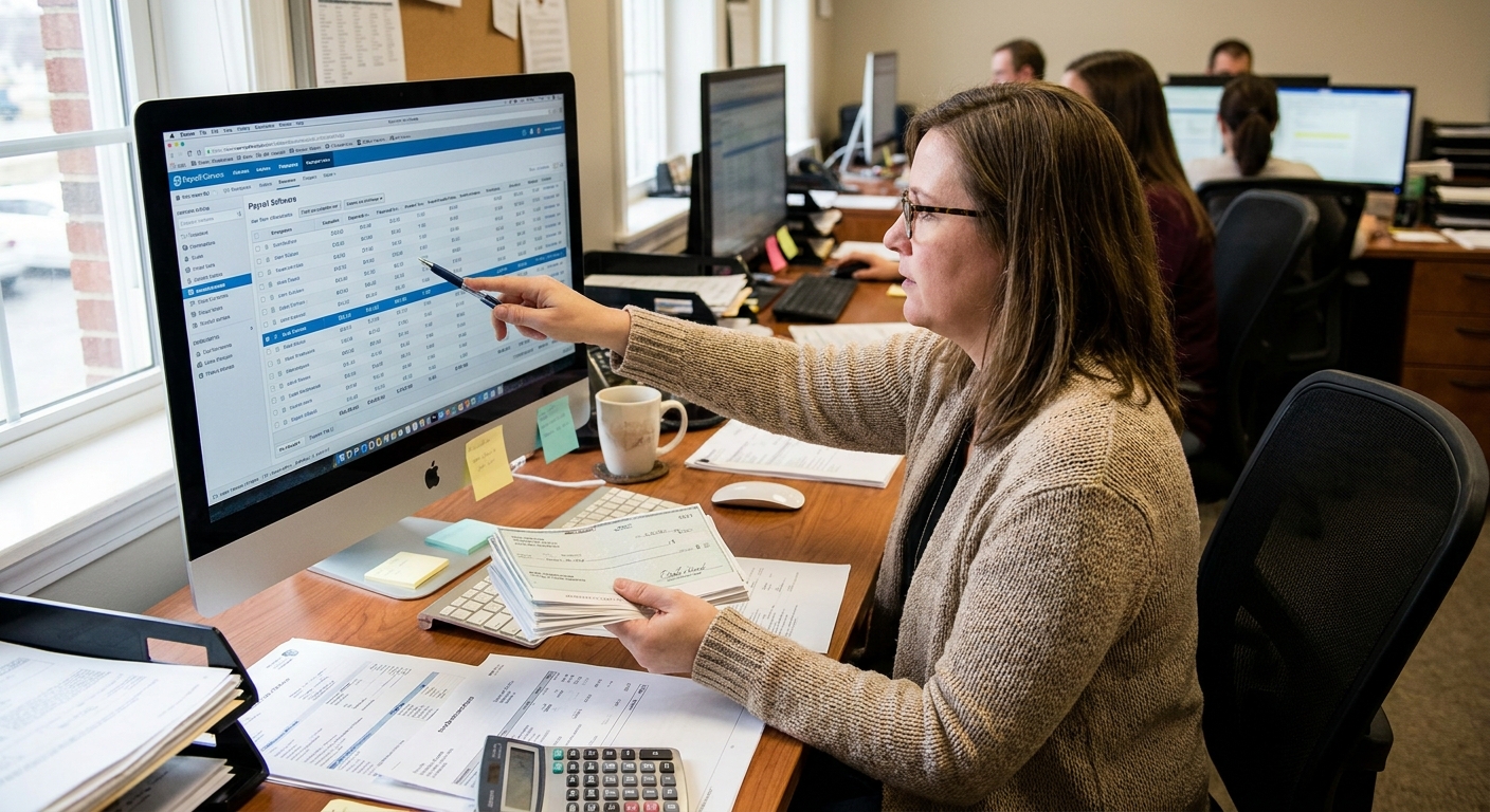 A payroll specialist at a desk reviewing a computer screen with payroll software open while holding a stack of paychecks, realistic office photography style