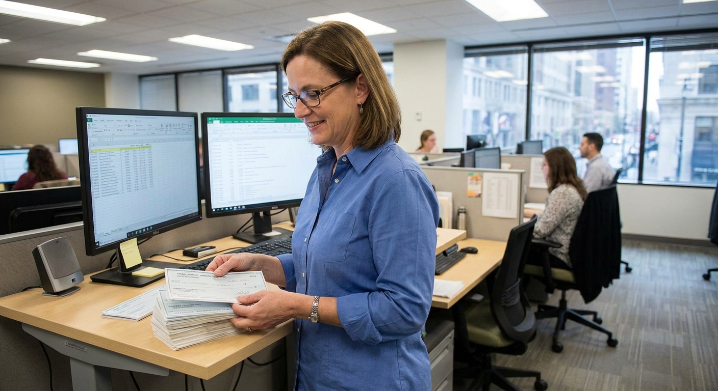 A payroll specialist in an office environment holding a stack of printed paychecks next to a computer monitor, realistic photo