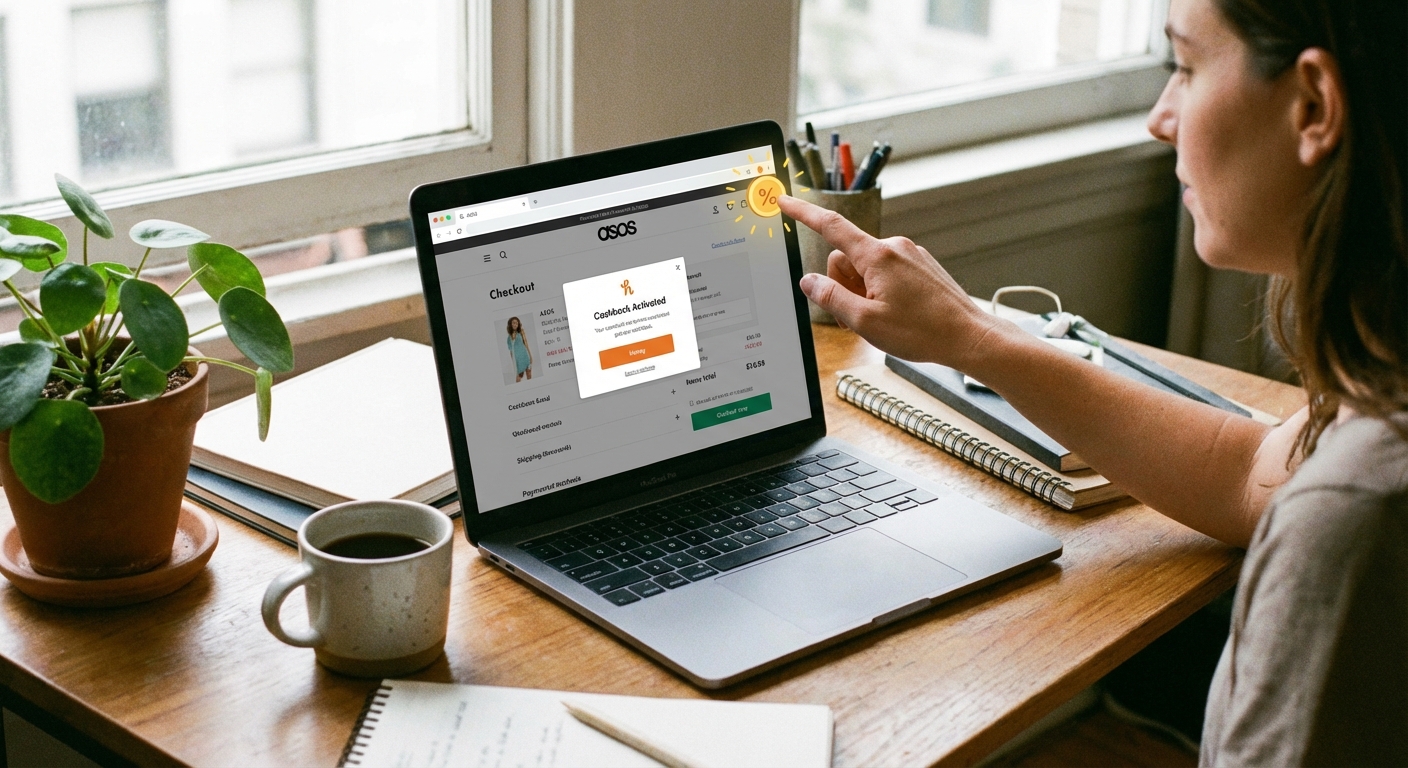 A person at a desk clicking a cashback browser extension icon before purchasing from an online store on a laptop, realistic photo
