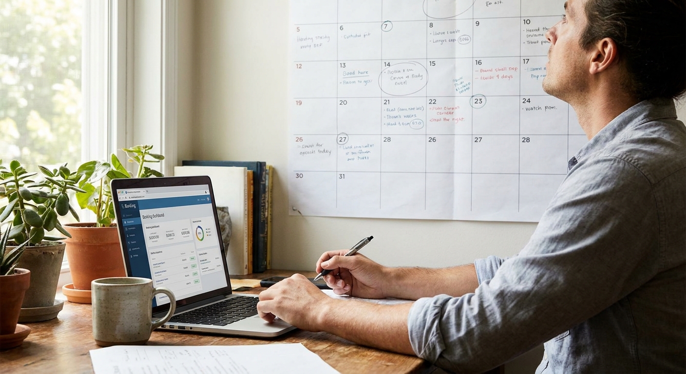 A person at a desk looking at a wall calendar while holding a pen, with a laptop open to a banking app, natural light photo