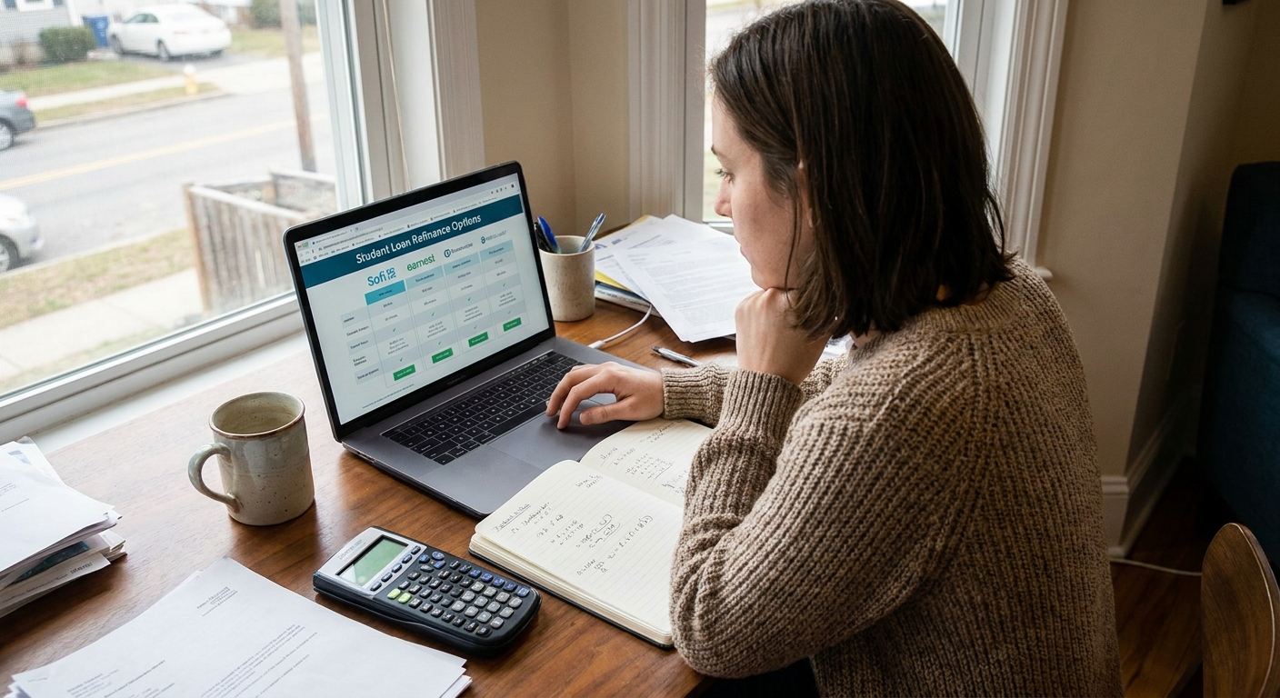 A person at a desk using a laptop to compare student loan refinance offers, with a notebook and calculator nearby, realistic photo