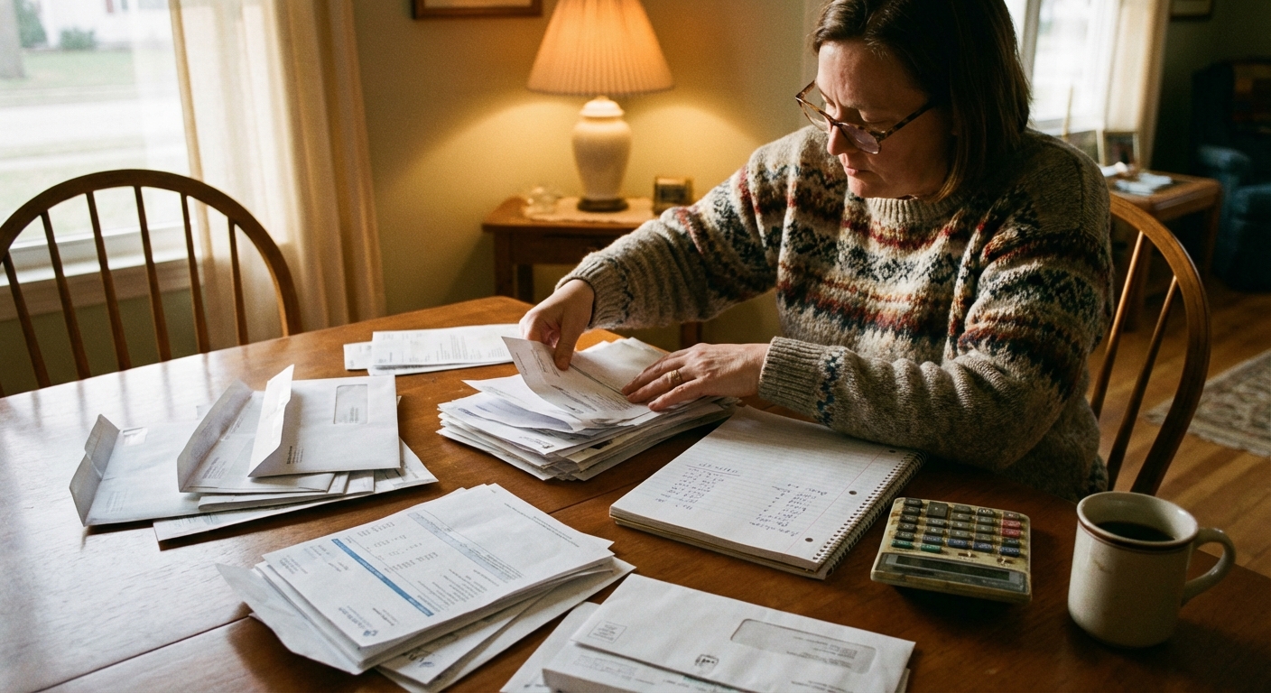 A person at a dining table sorting bank statements and a notebook with a calculator nearby, warm home lighting, realistic photography