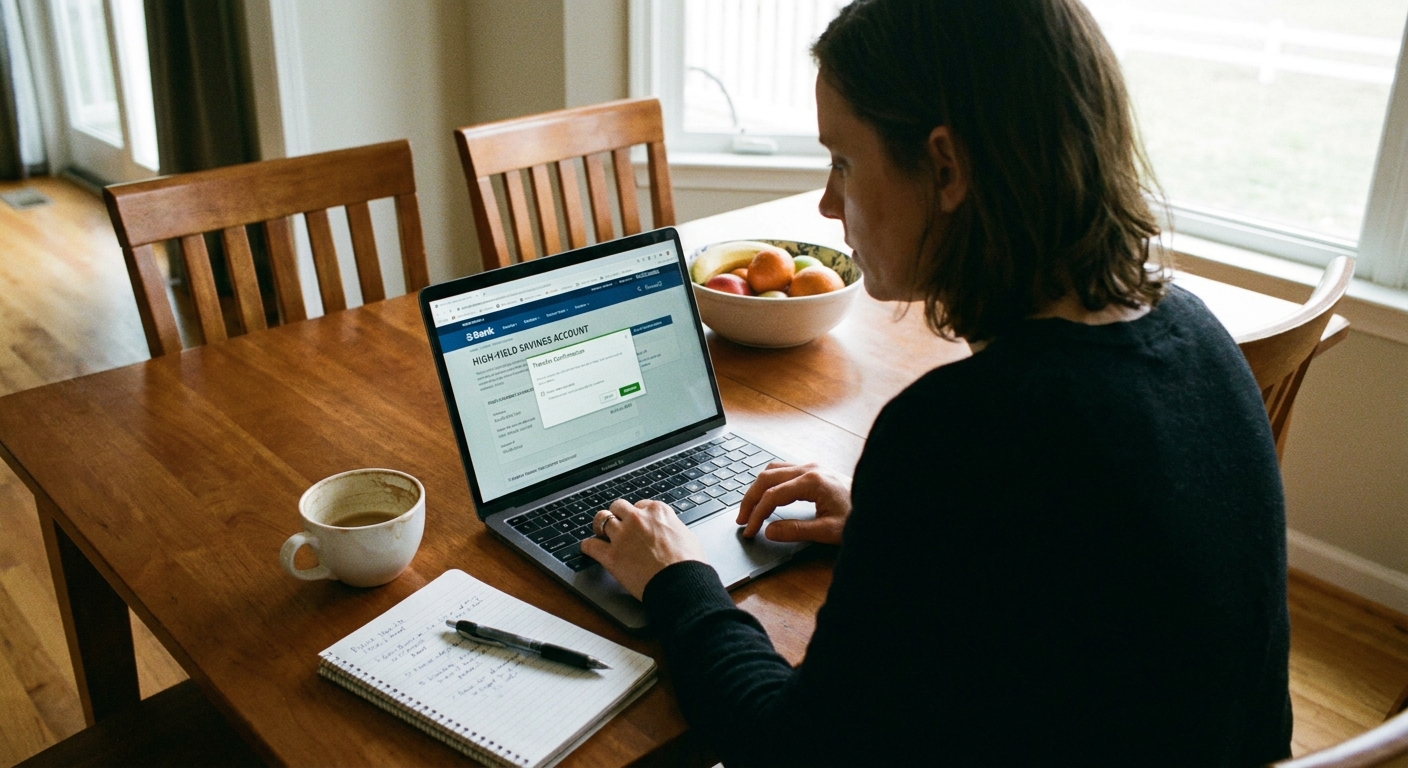 A person at a dining table transferring money into an online high-yield savings account on a laptop, with a notebook and pen nearby, realistic photo