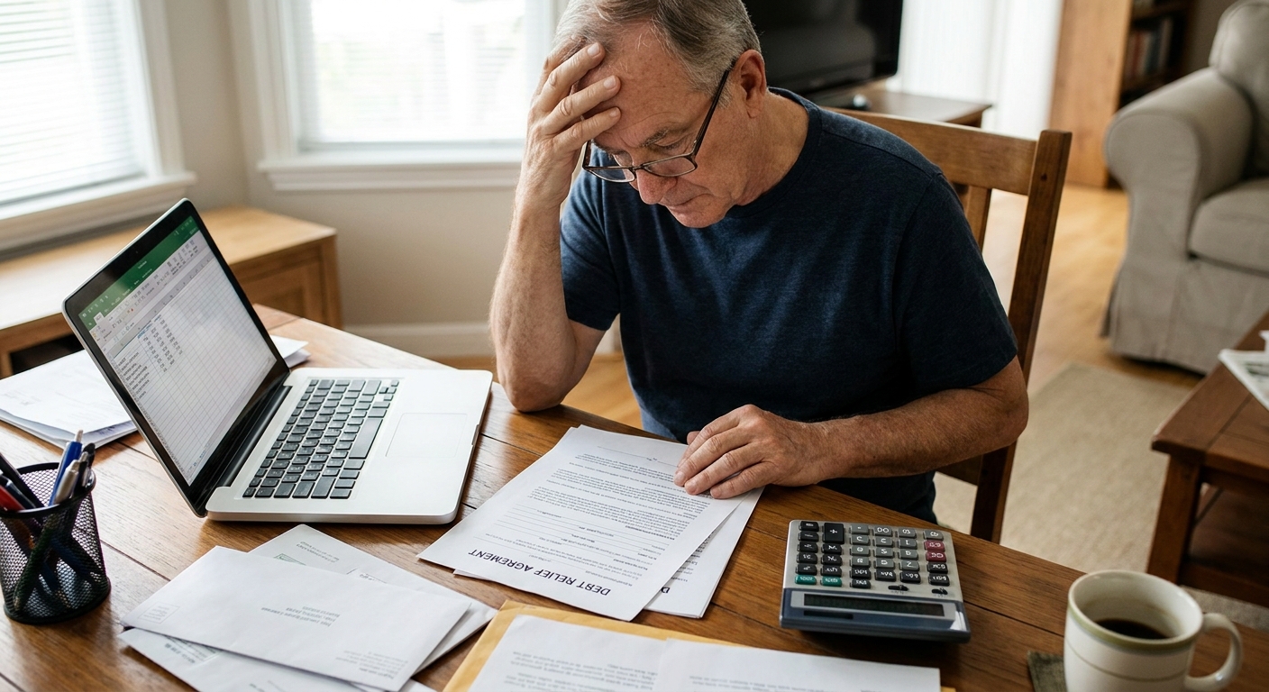 A person at a home desk carefully reading a printed debt relief contract next to a laptop and a calculator, realistic photo