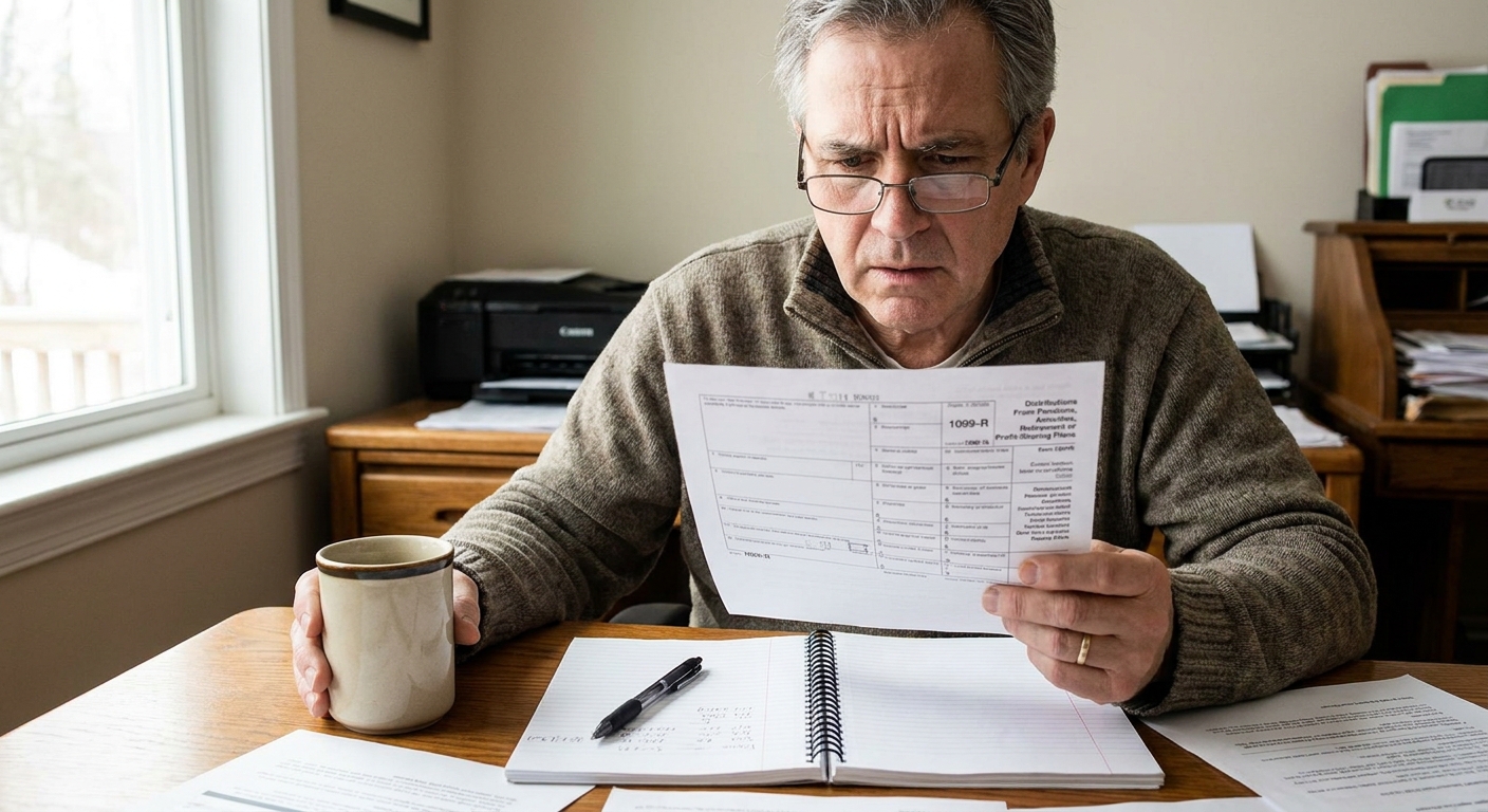 A person at a home desk looking at a 1099-R tax form with a concerned expression, with an open notebook and pen nearby, realistic indoor photo